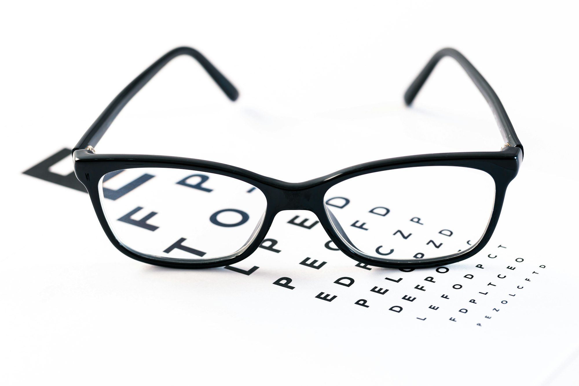 Eyeglasses with eye test table on white, optometrist concept and eye test